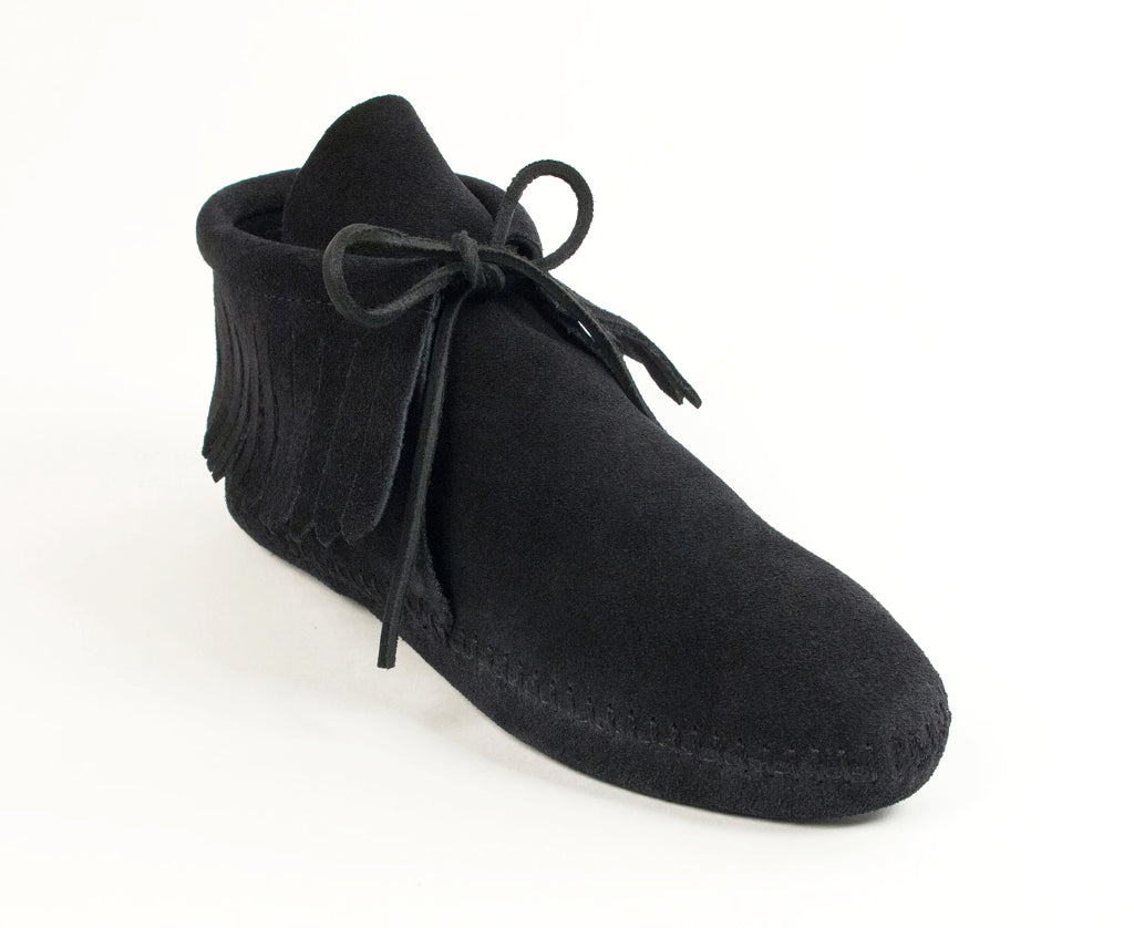 Classic Fringe Softsole Boot in Black from 3/4 Angle View