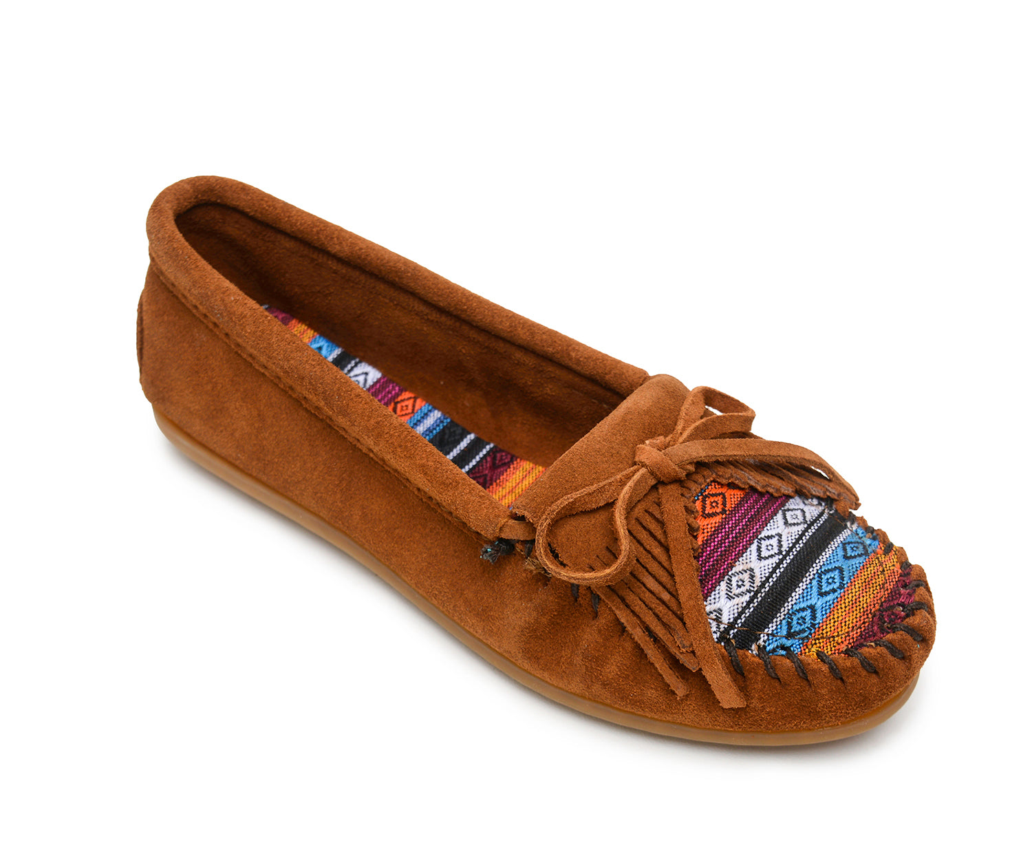 Kilty Hardsole Moccasin in Arizona Fabric from 3/4 Angle View