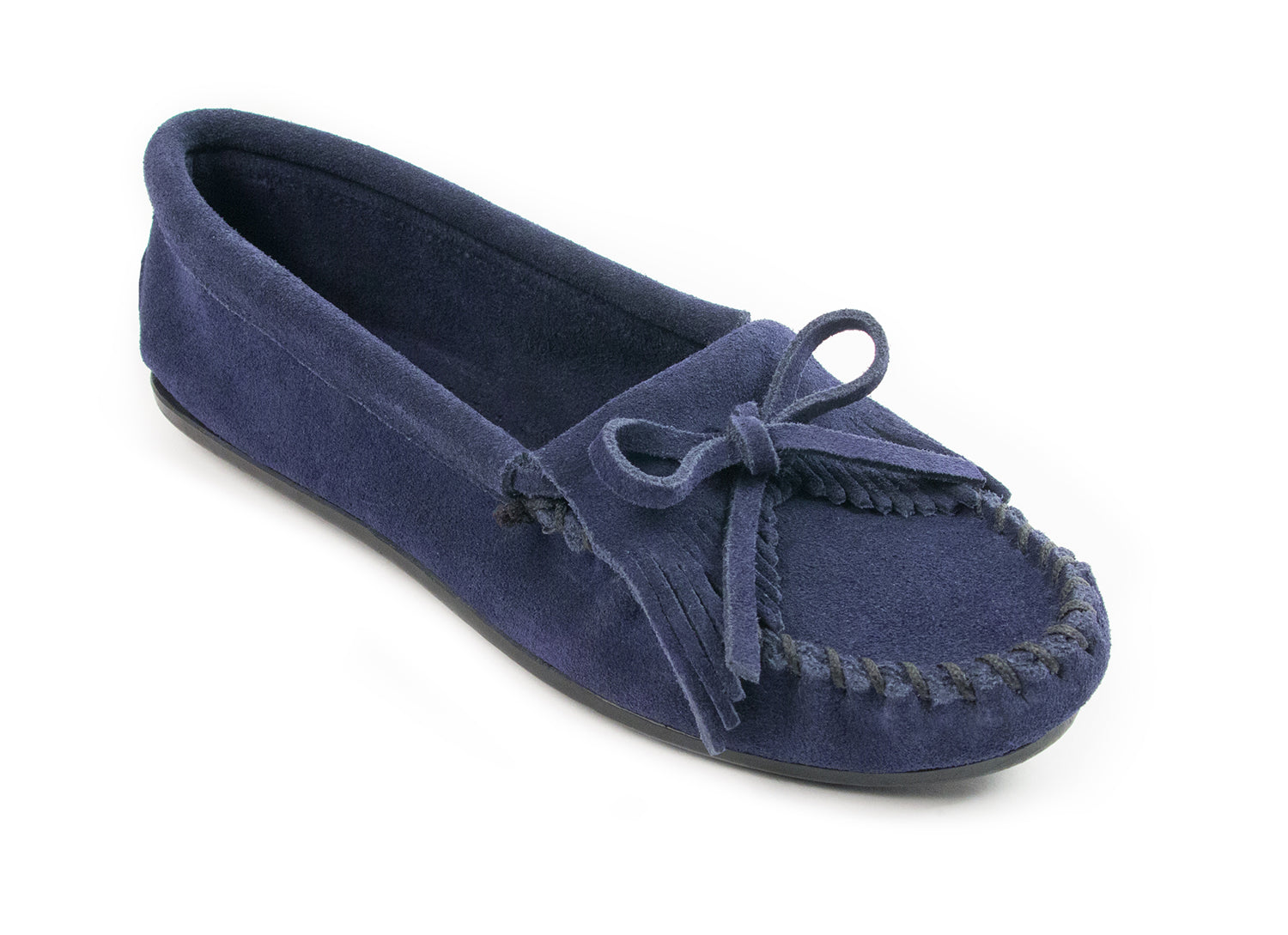 Kilty Hardsole Moccasin in Navy from 3/4 Angle View