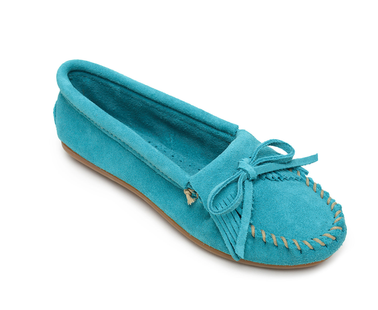 Kilty Hardsole Moccasin in Turquoise from 3/4 Angle View