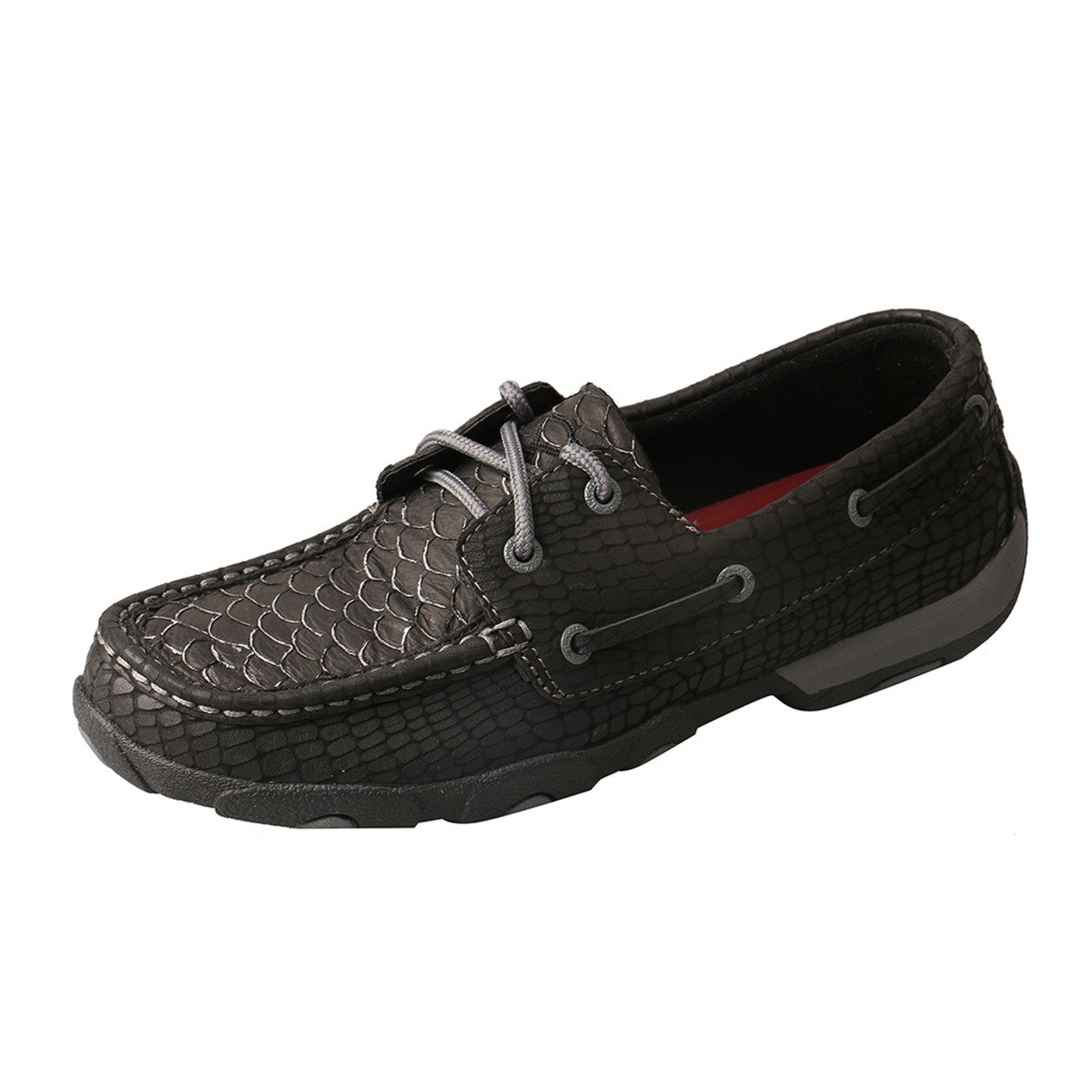 Women's Twisted X Boat Shoe Driving Moccasins in Black Fish & Grey from the side view
