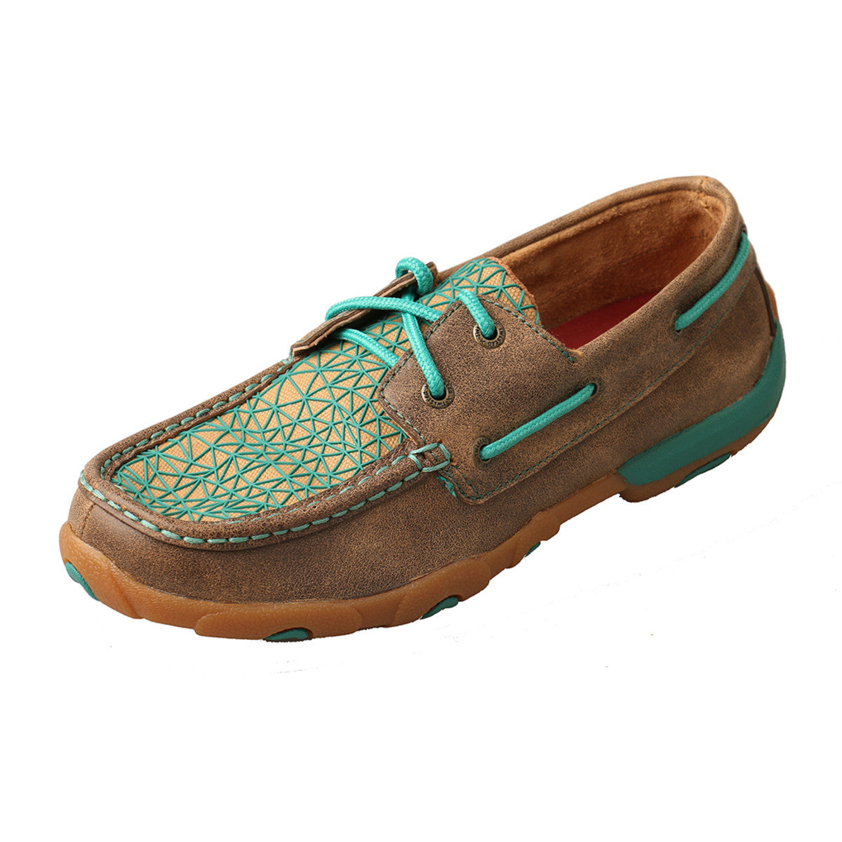 Women's Twisted X Boat Shoe Driving Moccasins in Bomber/Turquoise from the side view
