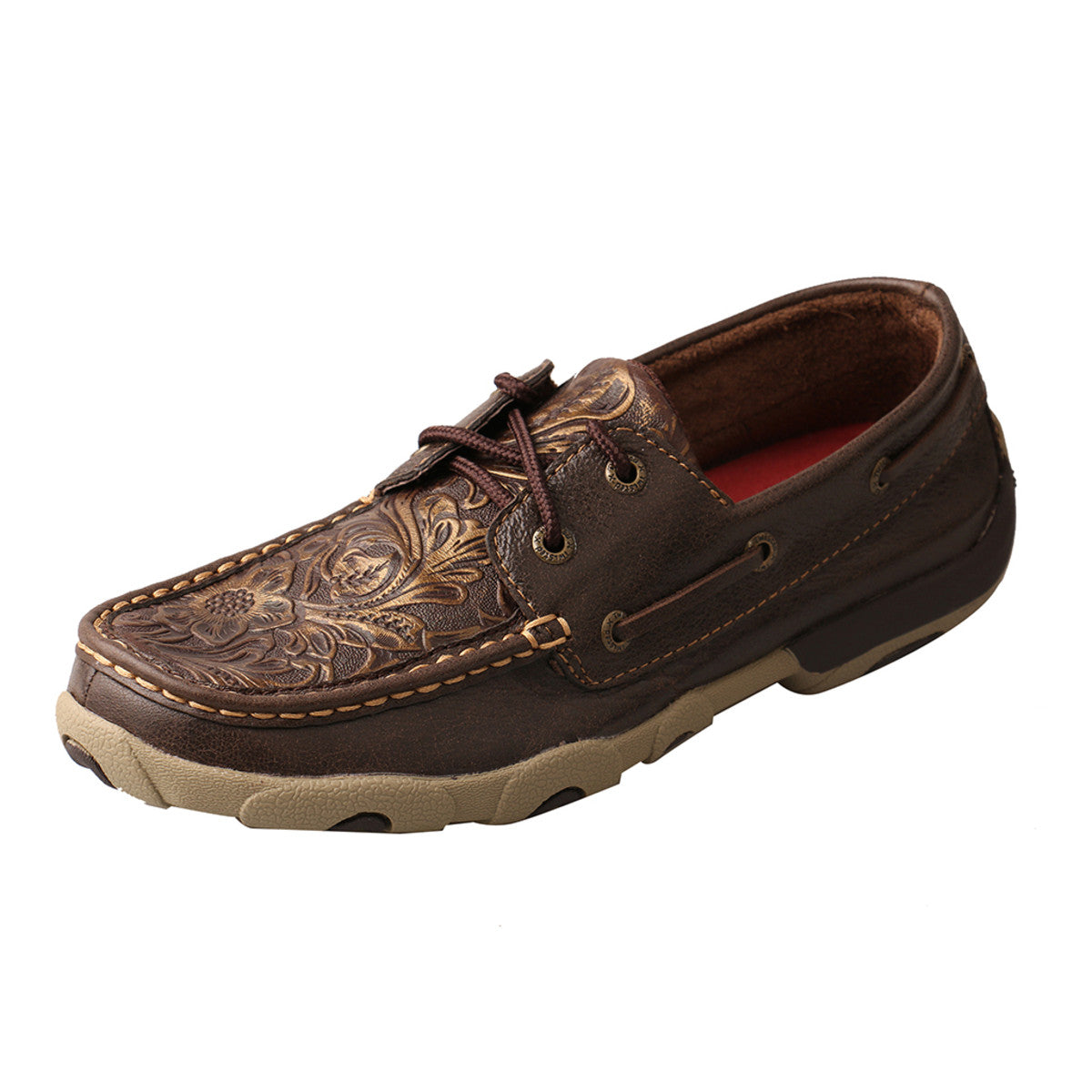 Women's Twisted X Boat Shoe Driving Moccasins in Brown & Embossed Flower from the side view
