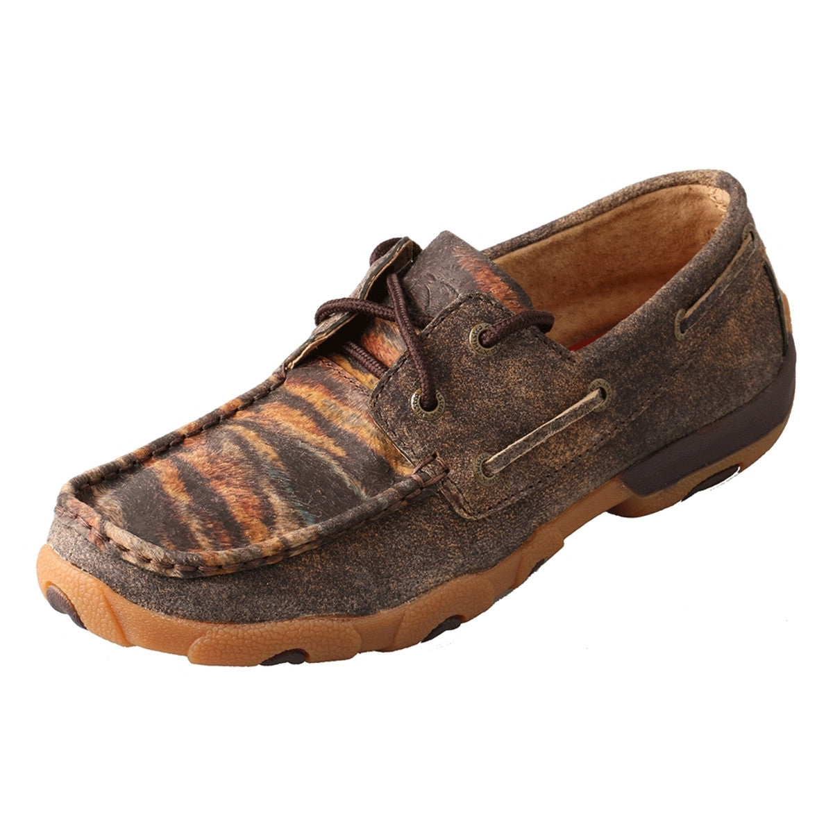 Women's Twisted X Boat Shoe Driving Moccasins in Distressed/Tiger from the side view