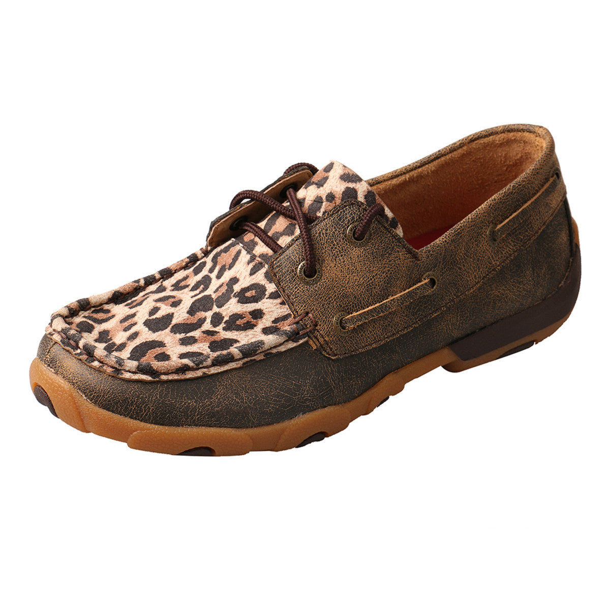 Women's Twisted X Boat Shoe Driving Moccasins in Distressed & Leopard from the side view