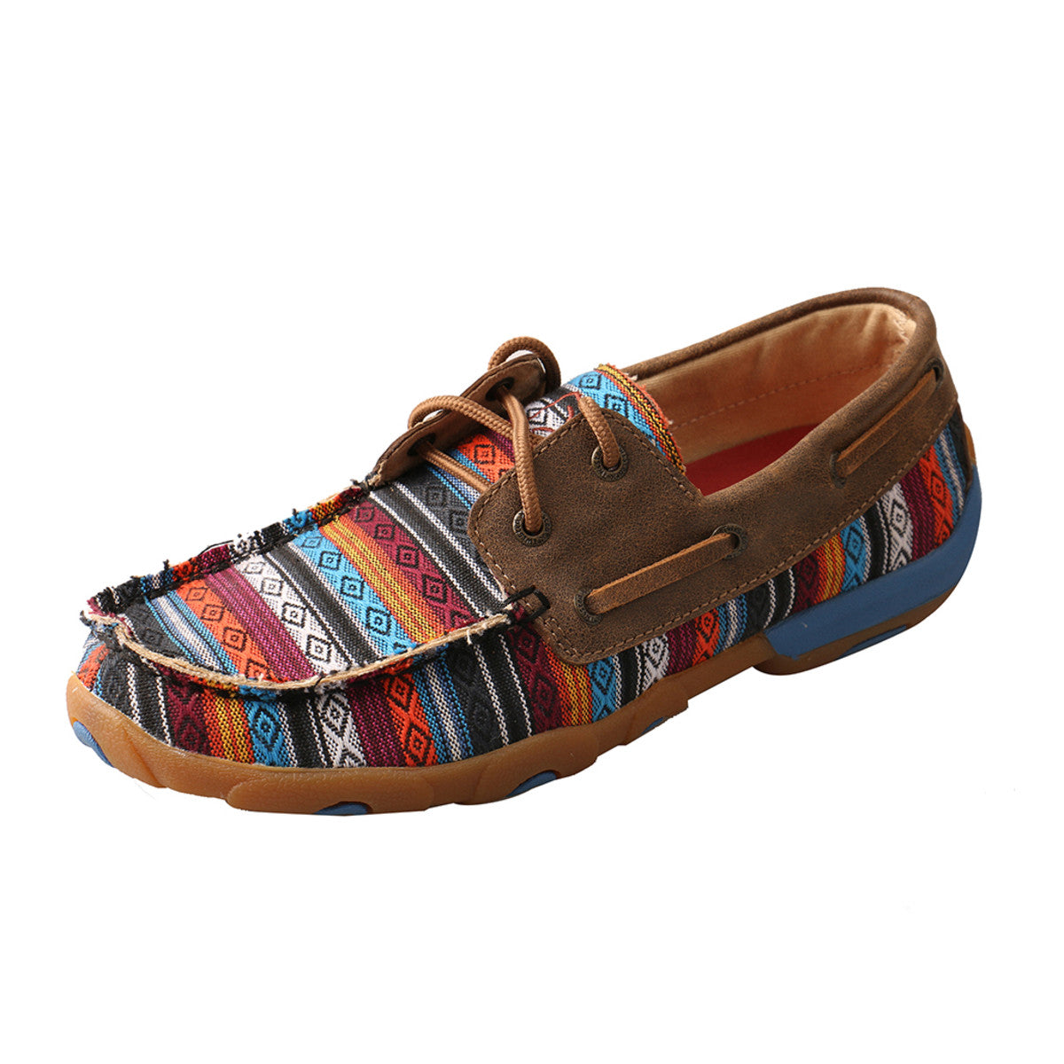 Women's Twisted X Boat Shoe Driving Moccasins in Serape & Bomber from the side view