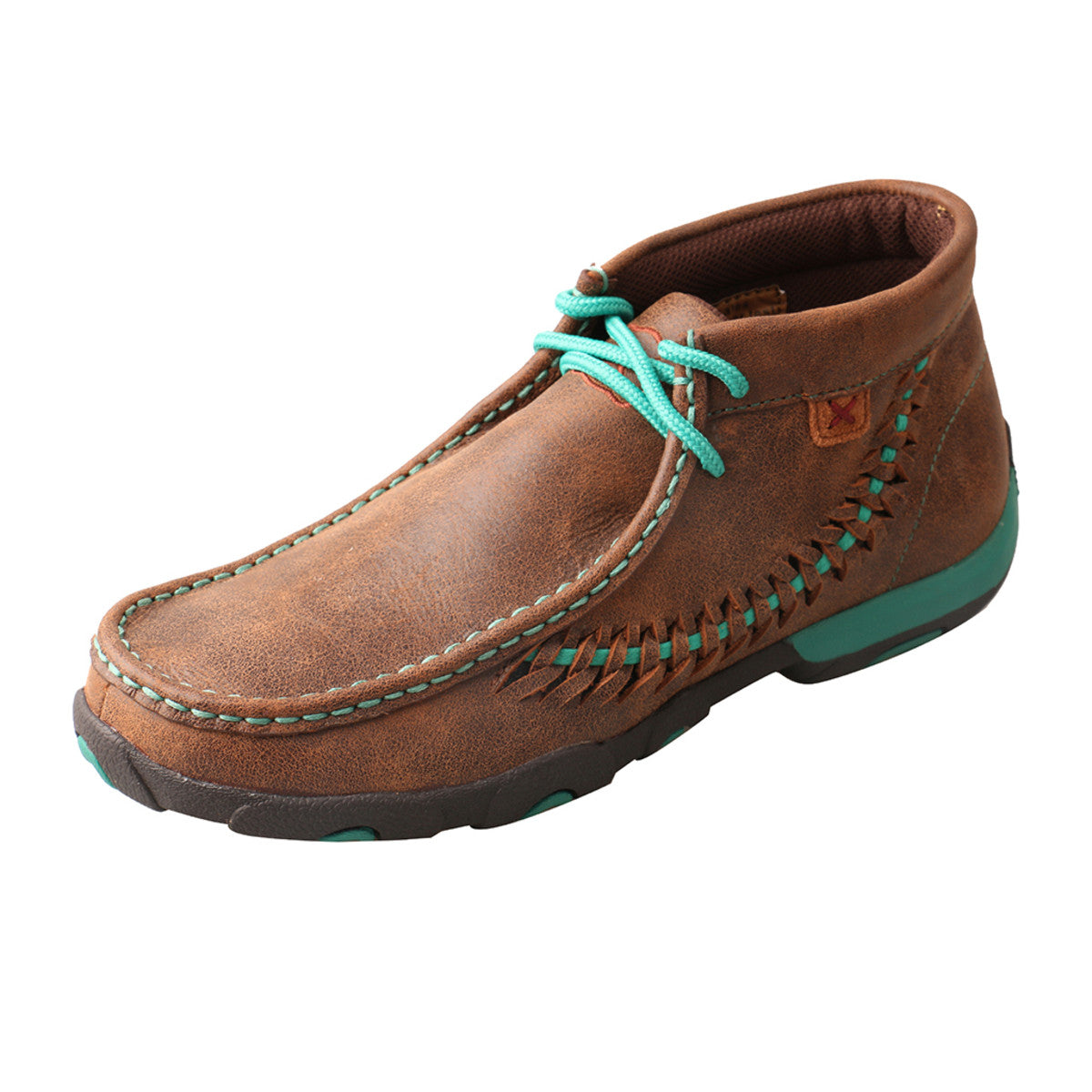 Women's Twisted X Original Chukka Driving Moccasins Shoe in Brown & Turquoise from the side view