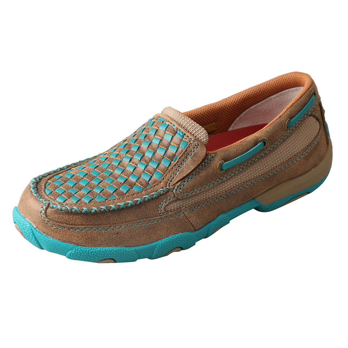 Women's Twisted X Slip-On Driving Moccasins Shoe in Bomber & Turquoise from the side view