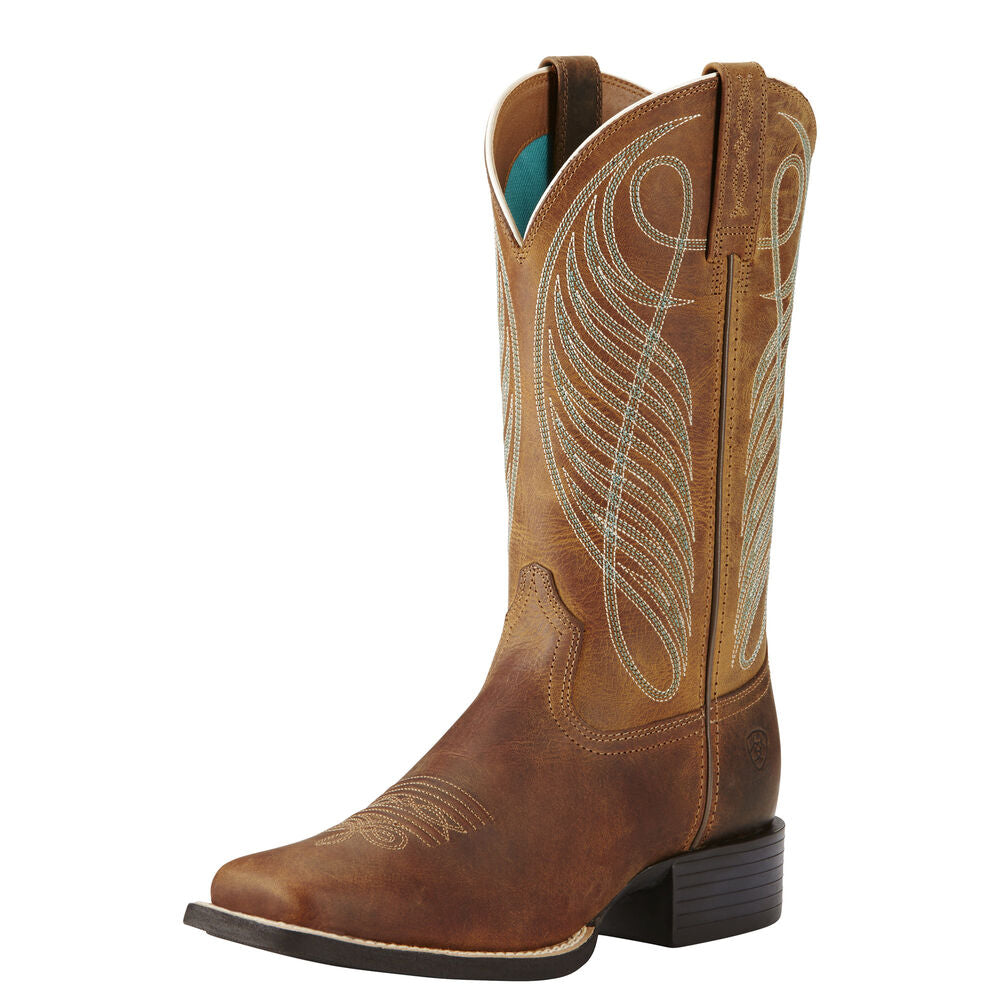 Women's Ariat Round Up Wide Square Toe Western Boot in Powder Brown