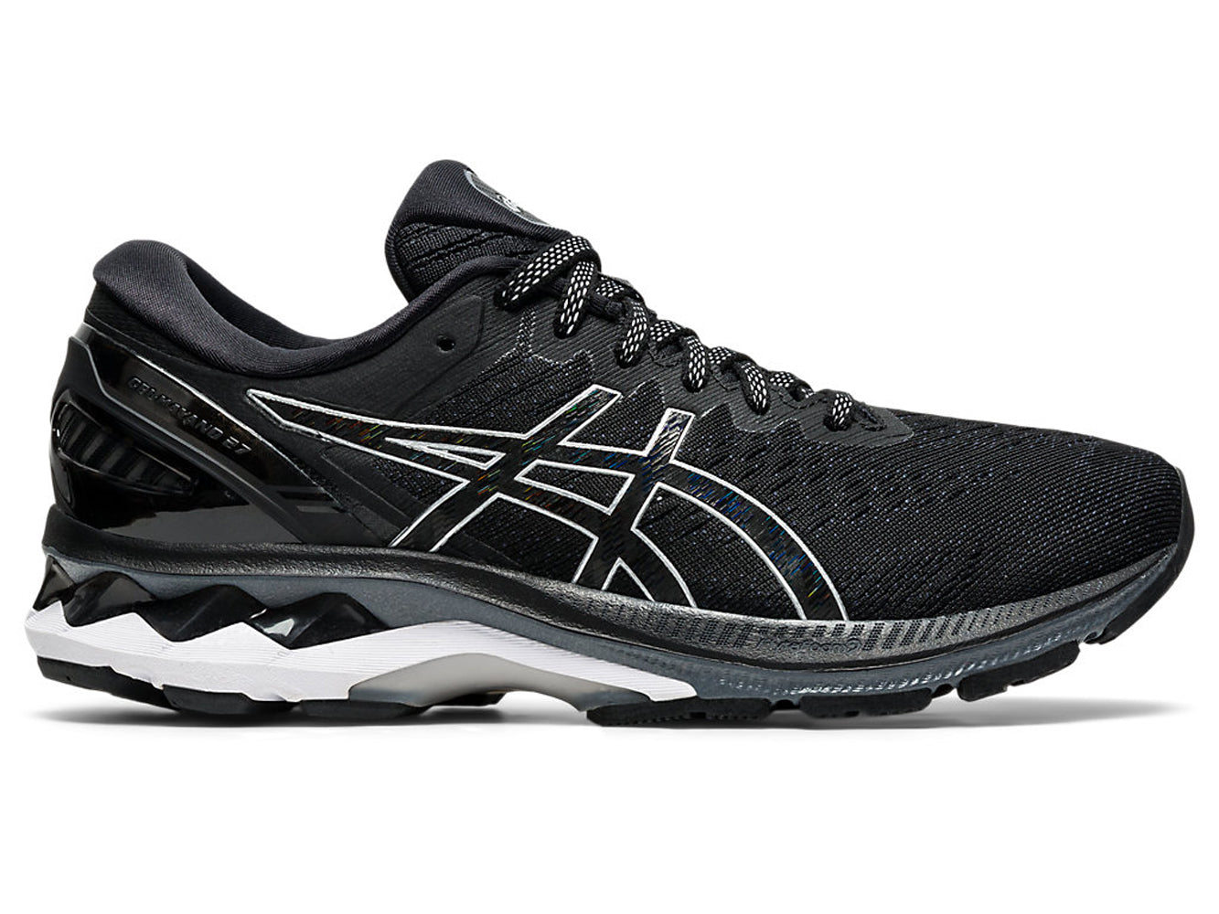 Women's Asics GEL-Kayano 27 Running Shoe in Black/Pure Silver from the side