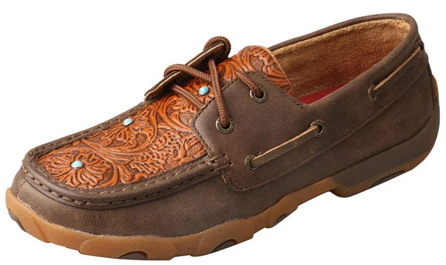 Womens Twisted X Boat Shoe Driving Moccasins in Brown Tooled Flower from the front