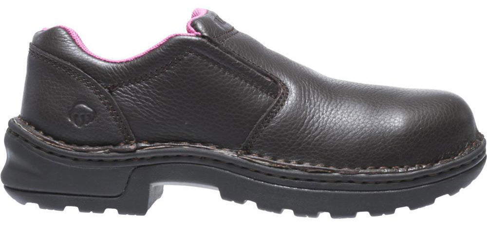 Women's Wolverine Bailey Opanka Steel Toe EH Slip-On Work Shoe in Brown from the front