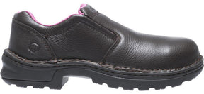 Women's Wolverine Bailey Opanka Steel Toe EH Slip-On Work Shoe in Brown from the front