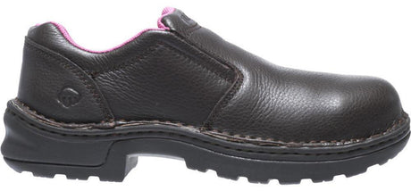 Women's Wolverine Bailey Opanka Steel Toe EH Slip-On Work Shoe in Brown from the front