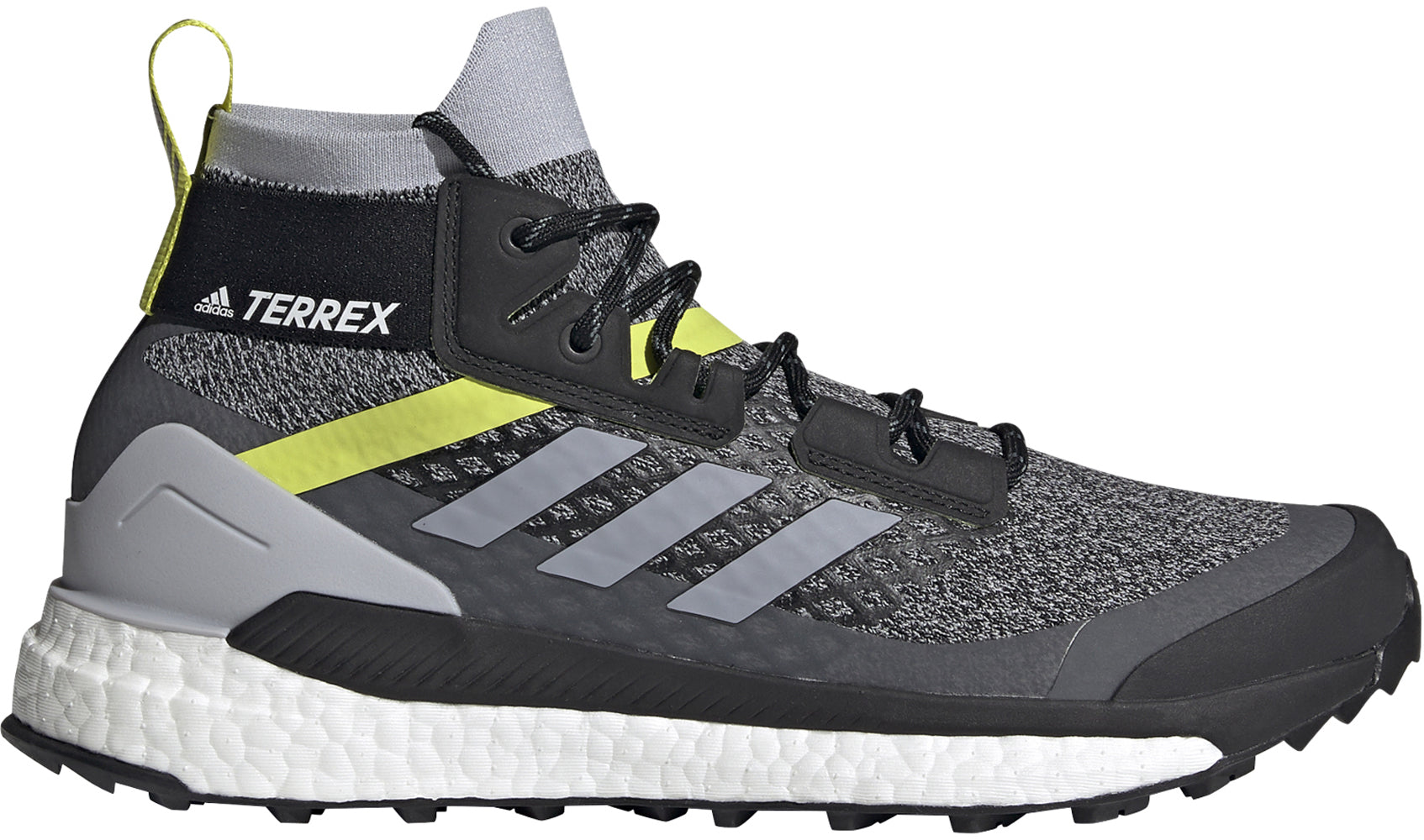 Men's adidas Terrex Free Hiker Primeblue Hiking Shoe in Halo Silver/Halo Silver/Core Black from the side