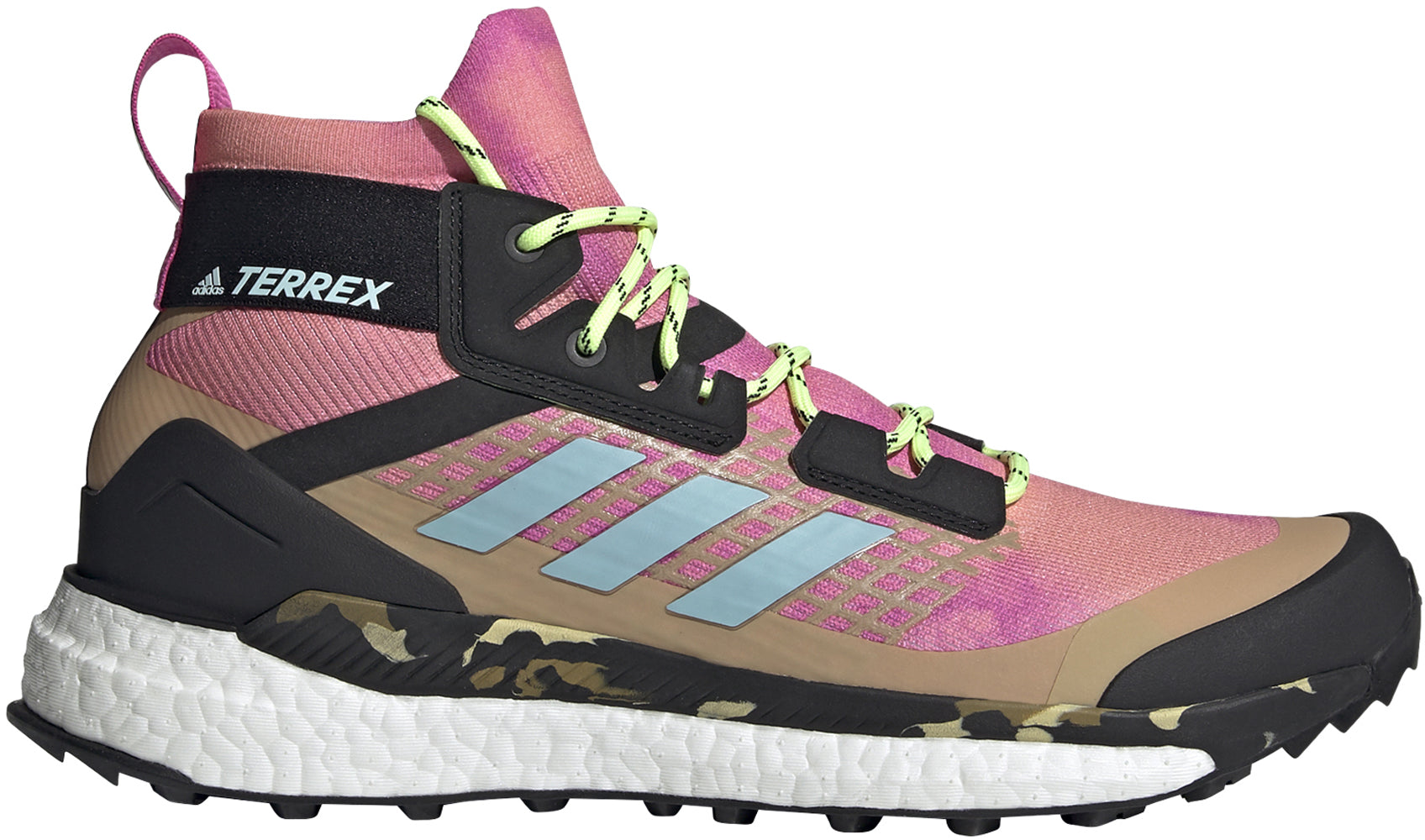 Men's adidas Terrex Free Hiker Primeblue Hiking Shoe in Hazy Orange/Hazy Sky/Screaming Pink from the side