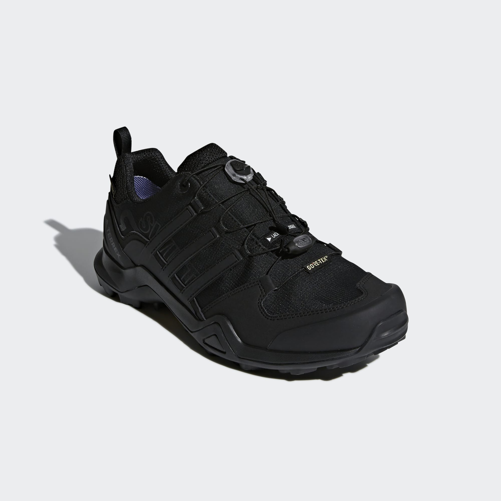 Men's adidas Terrex Swift R2 Gore-Tex Hiking Shoe in Core Black / Core Black / Core Black from the side view