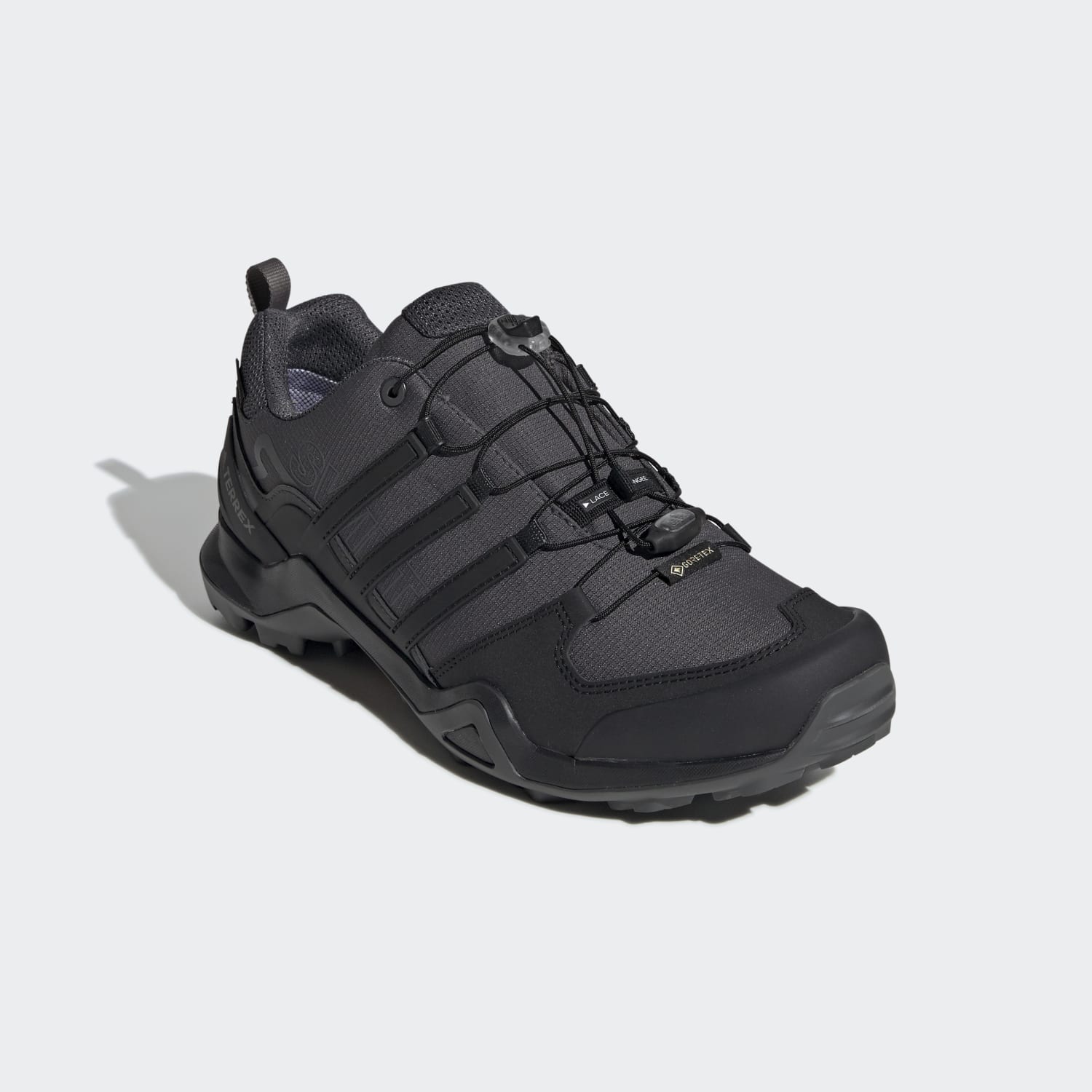 Men's adidas Terrex Swift R2 Gore-Tex Hiking Shoe in Grey Six / Core Black / Grey Four from the side view