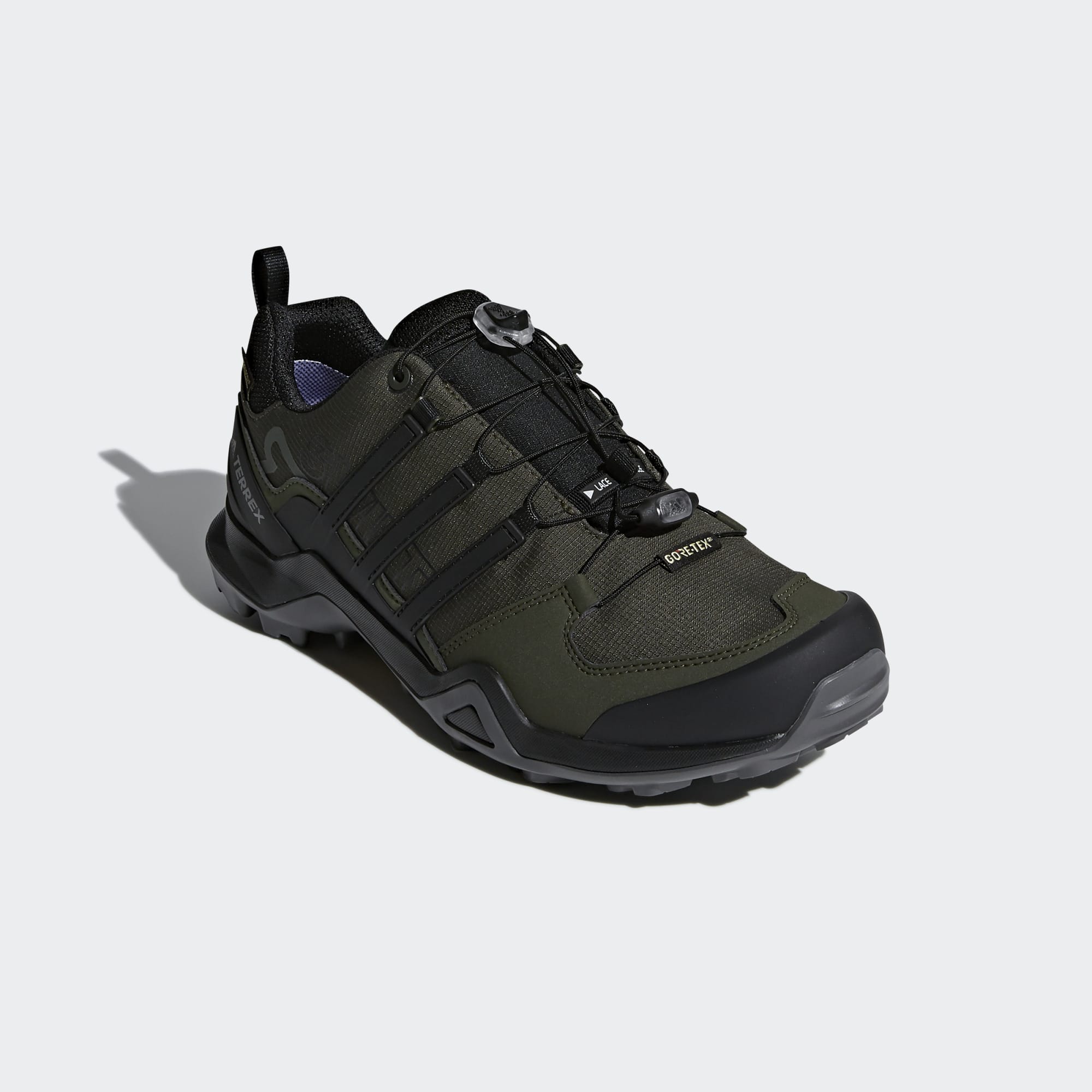 Men's adidas Terrex Swift R2 Gore-Tex Hiking Shoe in Night Cargo / Core Black / Base Green from the side view