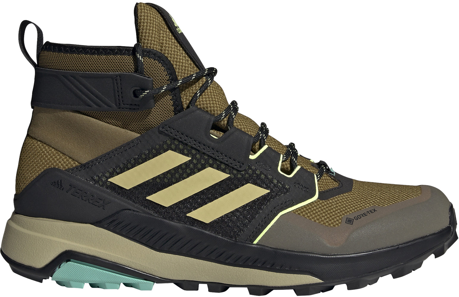 Men's adidas Terrex Trailmaker Mid Gore-TEX Hiking Shoe in Wild Moss/Halo Gold/Hi-Res Yellow from the side