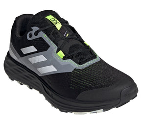 Men's adidas Terrex Two Flow Trail Running Shoe in Core Black/Crystal White/Solar Yellow from the side view