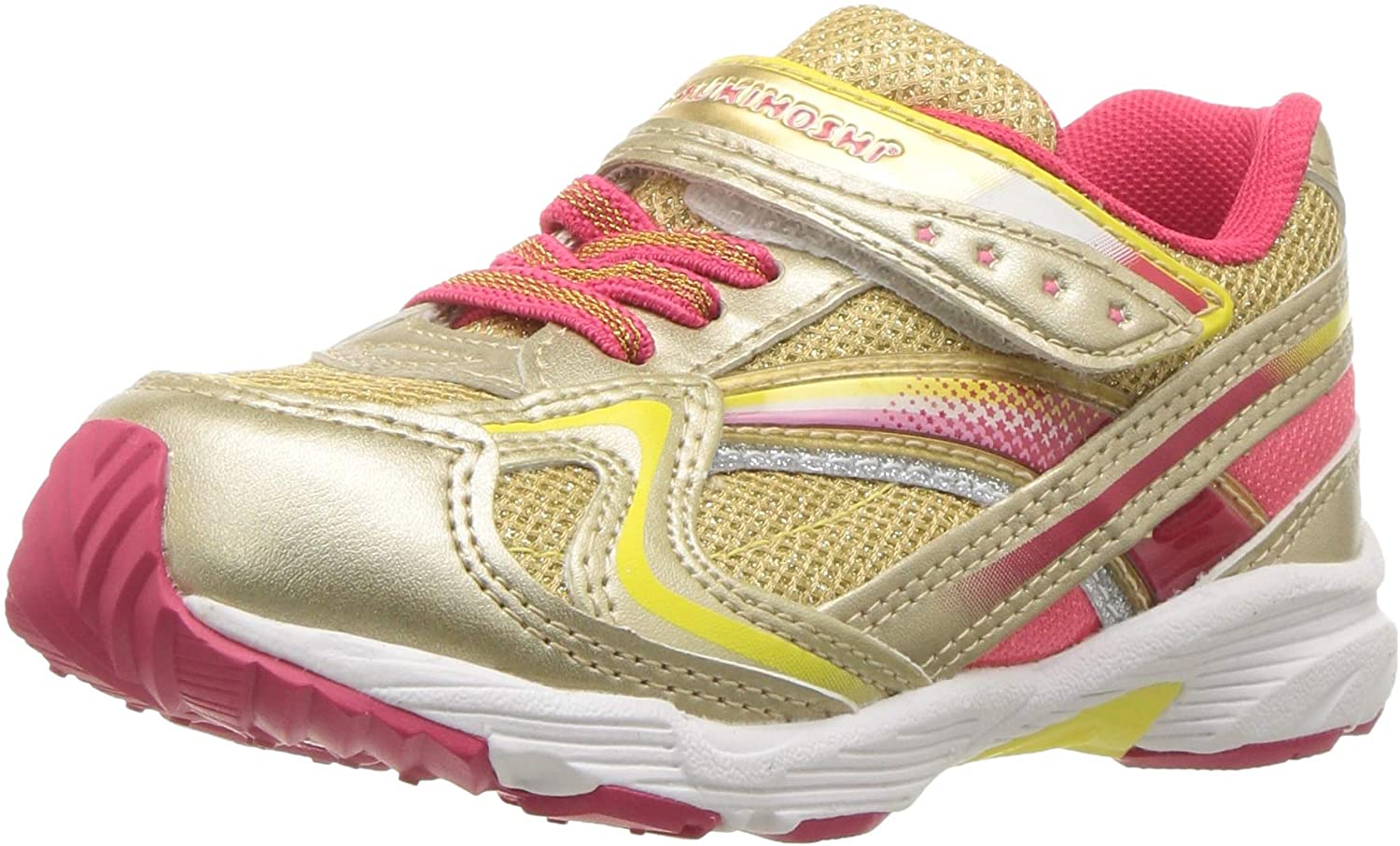 Baby Tsukihoshi Glitz Sneaker in Gold/Coral from the front view