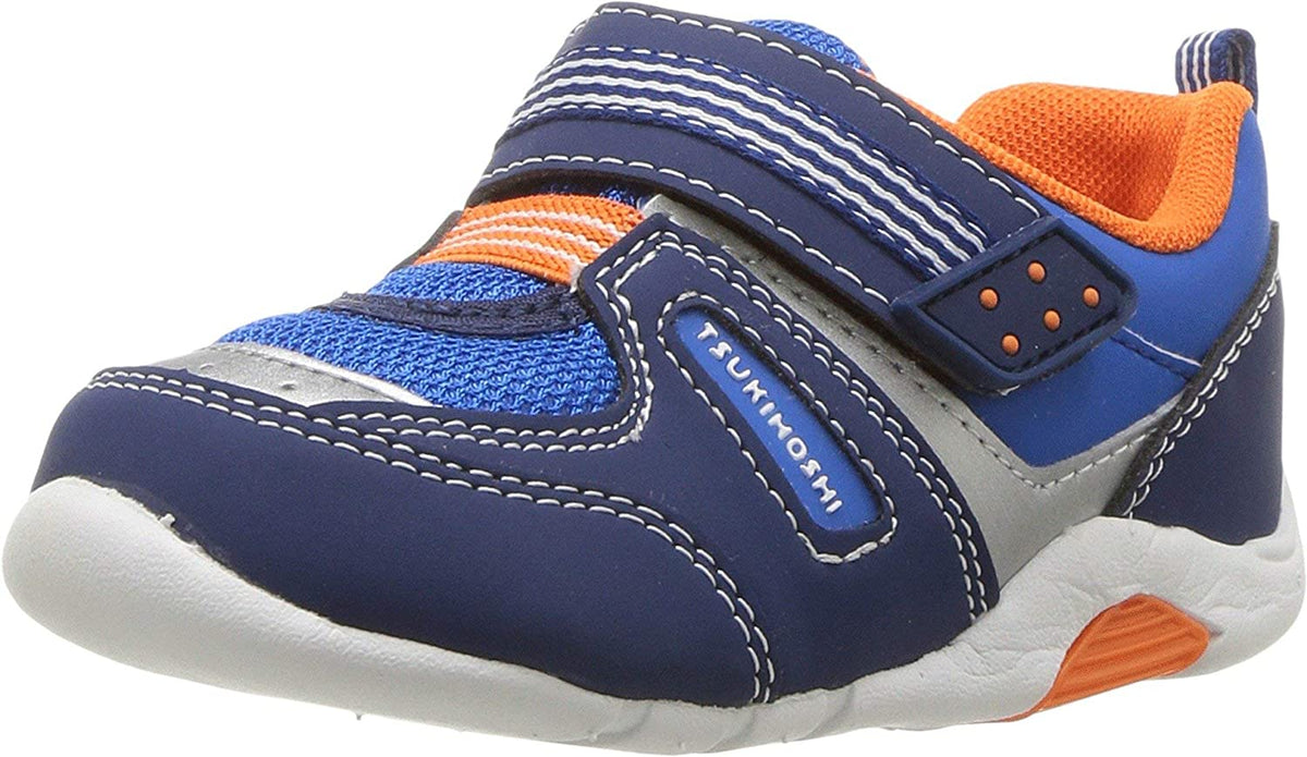Baby Tsukihoshi Neko Sneaker  in Navy/Tangerine from the front view