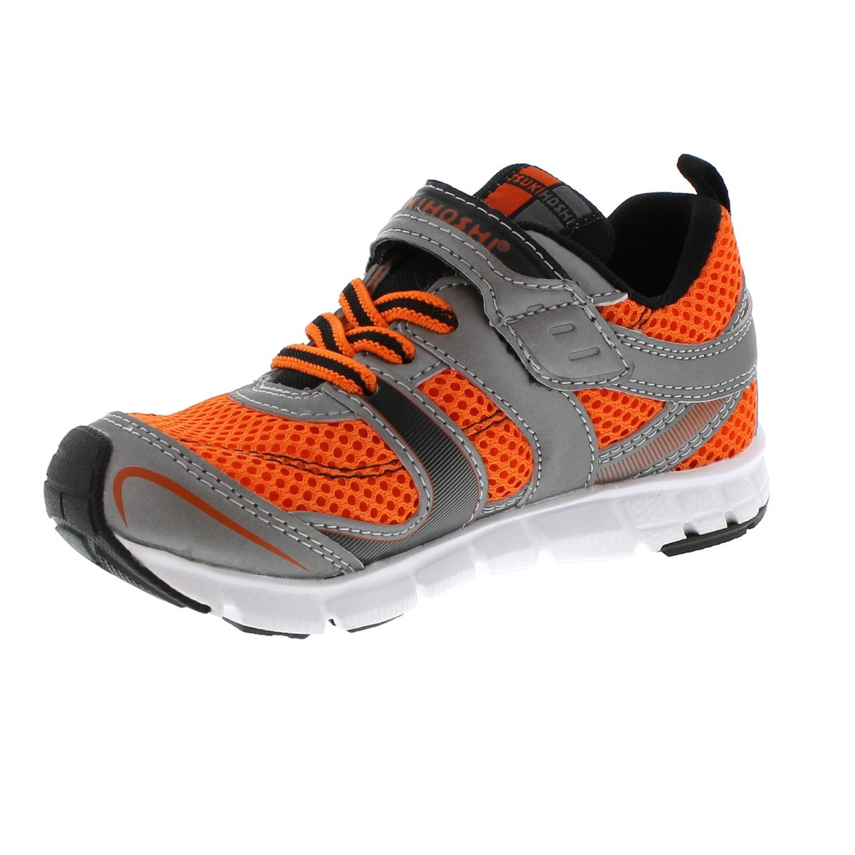 Child Tsukihoshi Velocity Sneaker in Silver/Orange from the front view