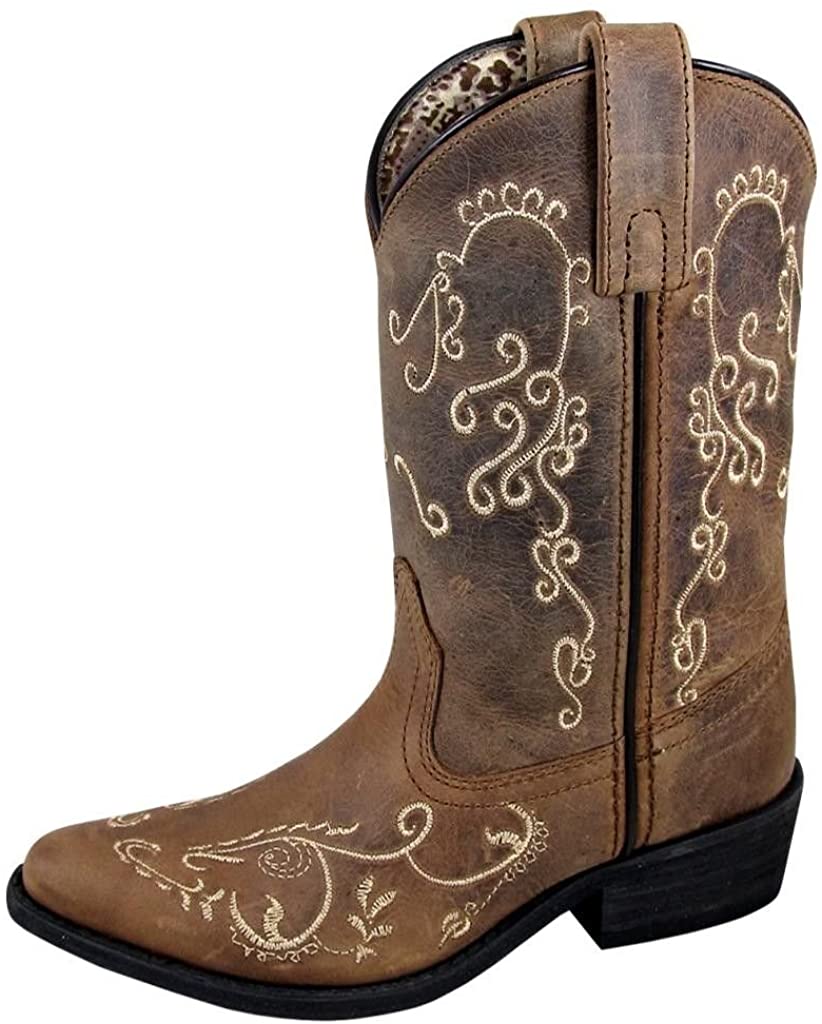 Children's Smoky Mountain Jolene Pull On Embroidered Snip Toe Boot in Brown Waxed Distress