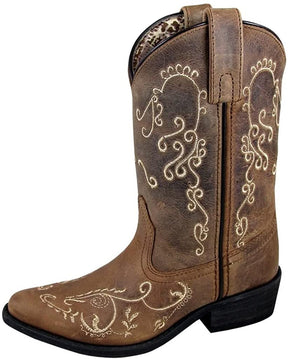 Children's Smoky Mountain Jolene Pull On Embroidered Snip Toe Boot in Brown Waxed Distress