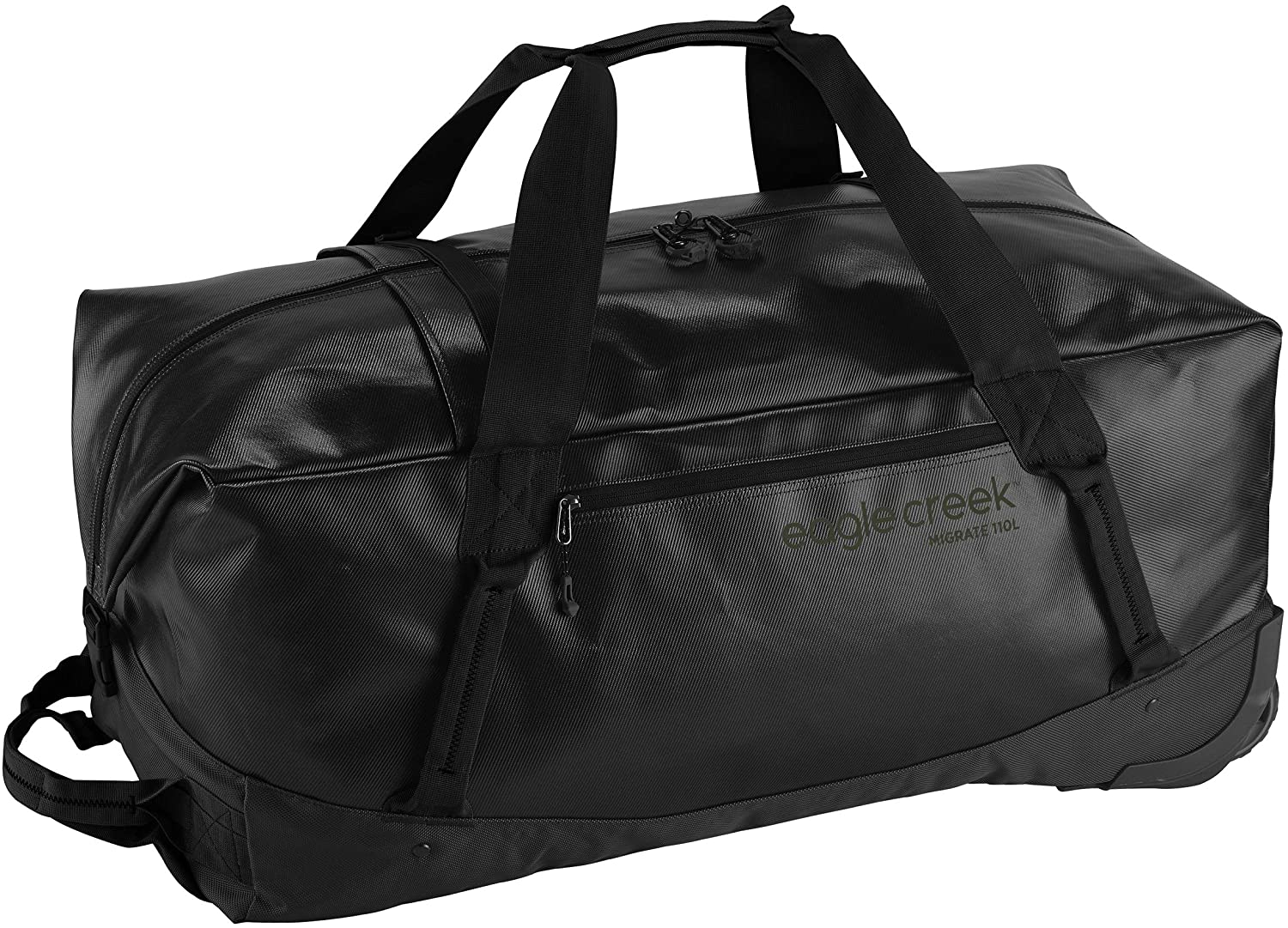 Eagle Creek Migrate Wheeled Duffel 110 Liter in Jet Black color from the front