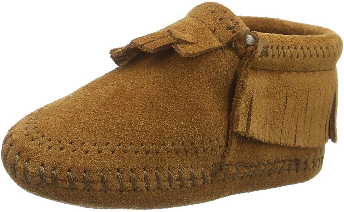 Infant's Minnetonka Riley Moccasin Bootie in Brown from the side view