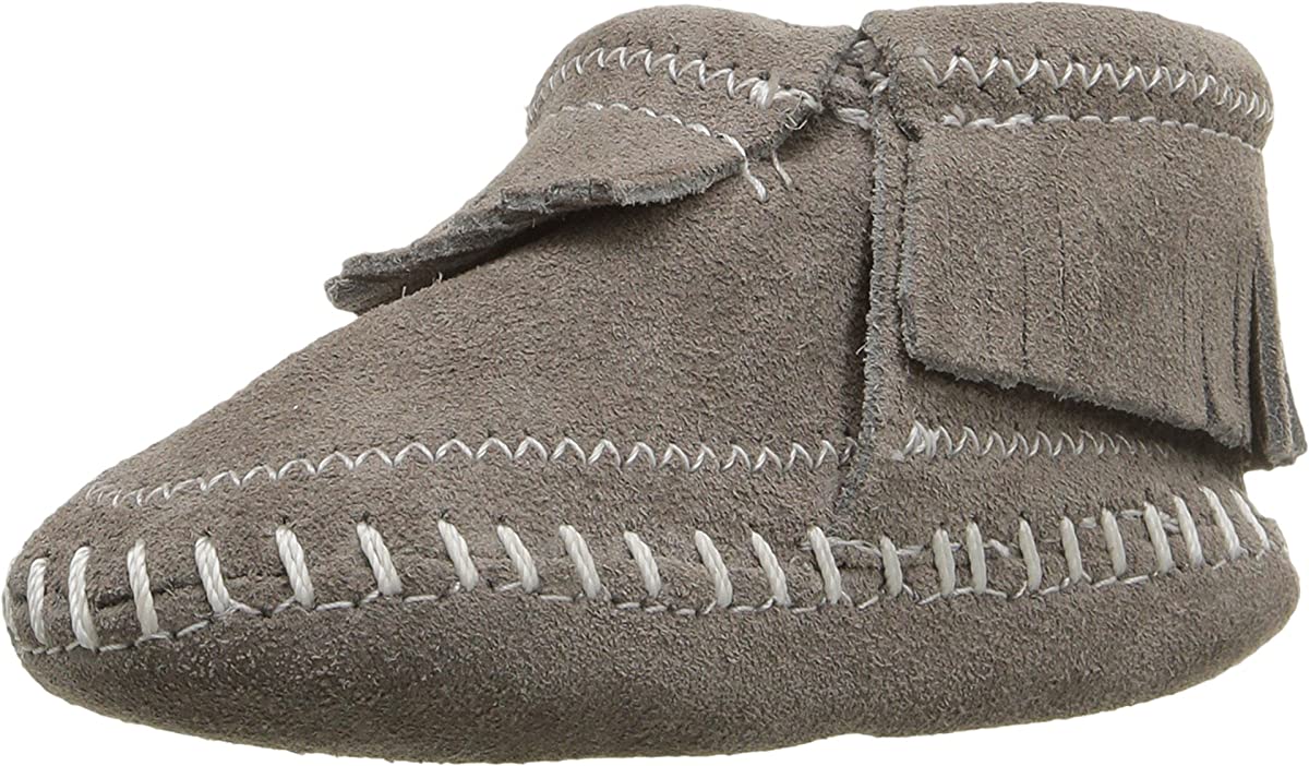 Infant's Minnetonka Riley Moccasin Bootie in Grey from the side view