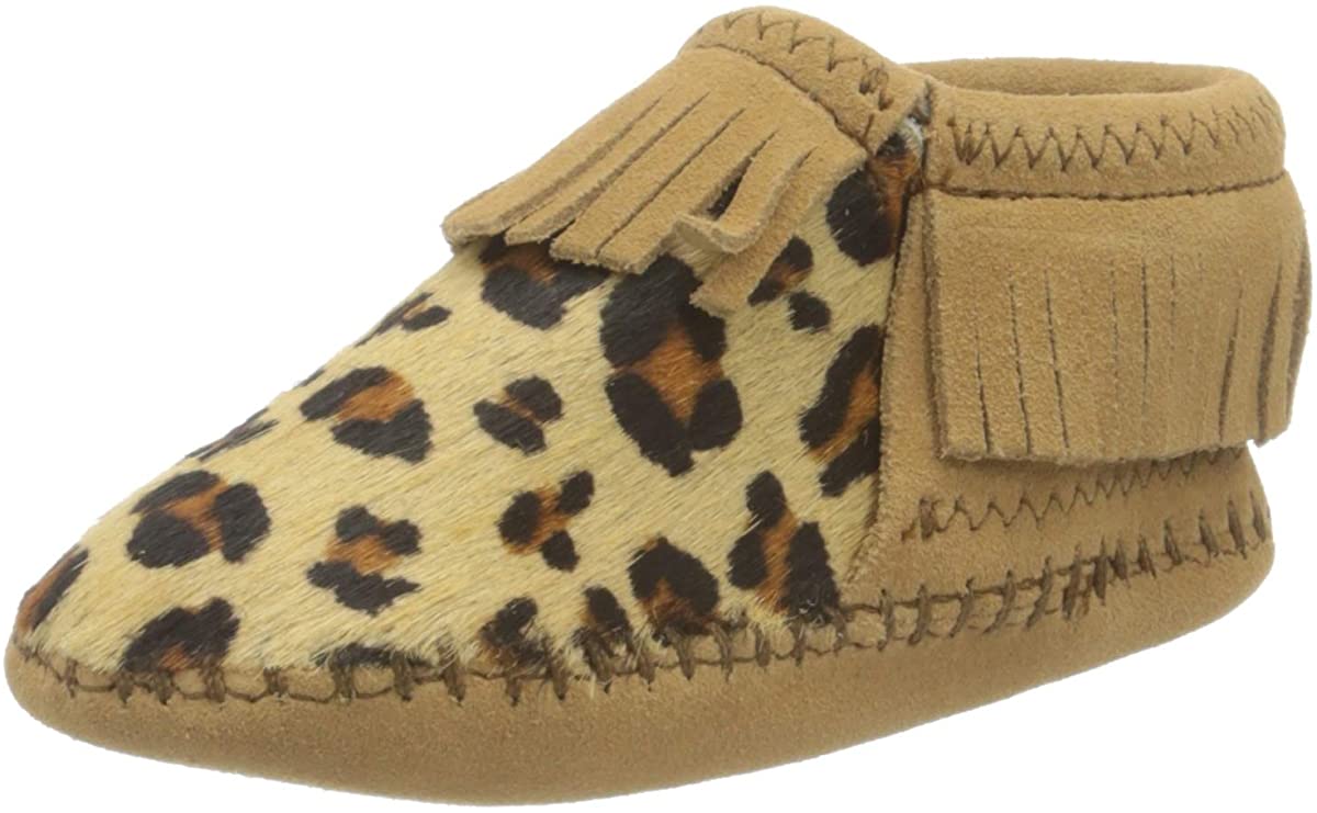 Infant's Minnetonka Riley Moccasin Bootie in Leopard from the side view