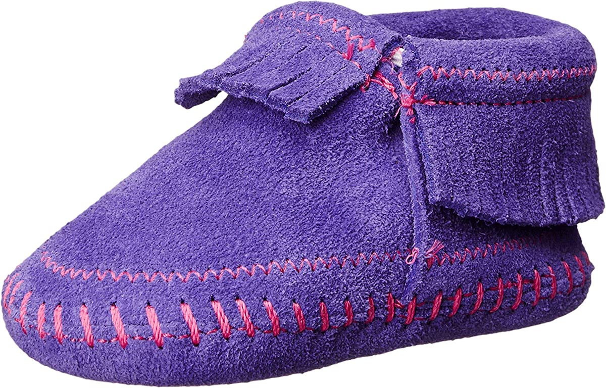 Infant's Minnetonka Riley Moccasin Bootie in Purple from the side view