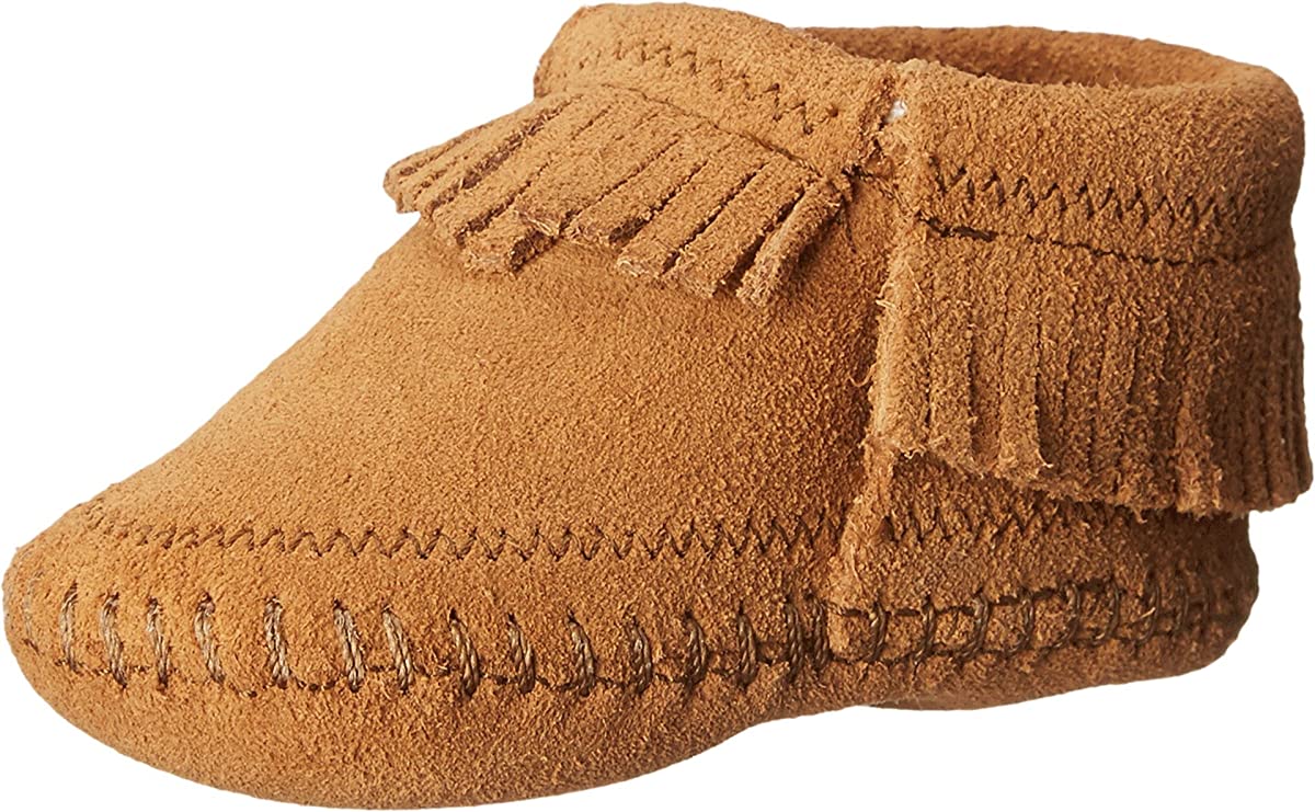 Infant's Minnetonka Riley Moccasin Bootie in Taupe from the side view