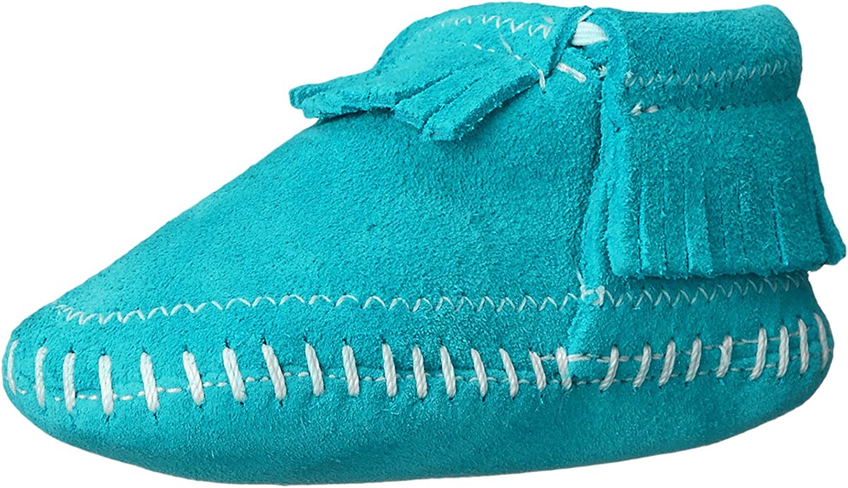 Infant's Minnetonka Riley Moccasin Bootie in Turquoise from the side view