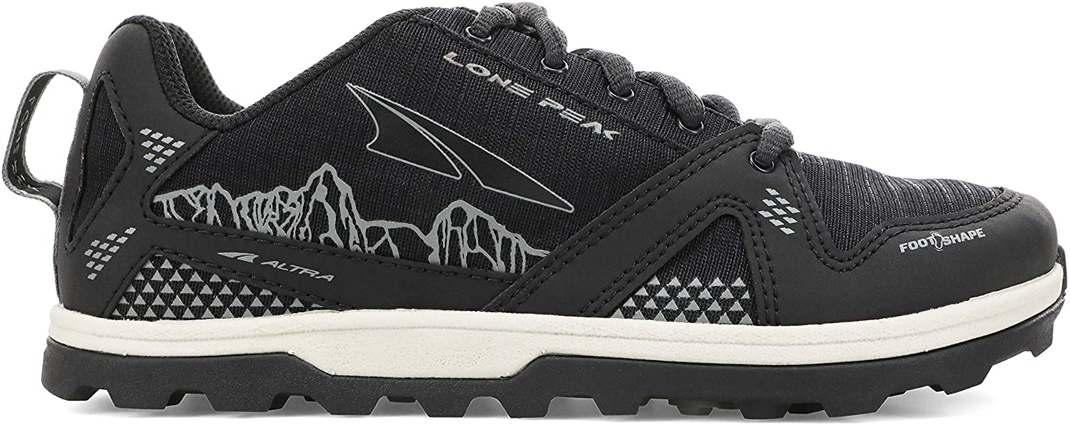 Altra Kid's Youth Lone Peak Trail Running Shoe in Black from the side