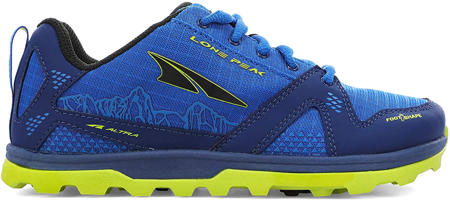 Altra Kid's Youth Lone Peak Trail Running Shoe in Blue/Lime from the side