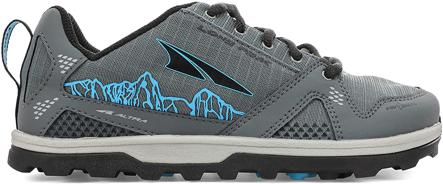 Altra Kid's Youth Lone Peak Trail Running Shoe in Gray/Blue from the side
