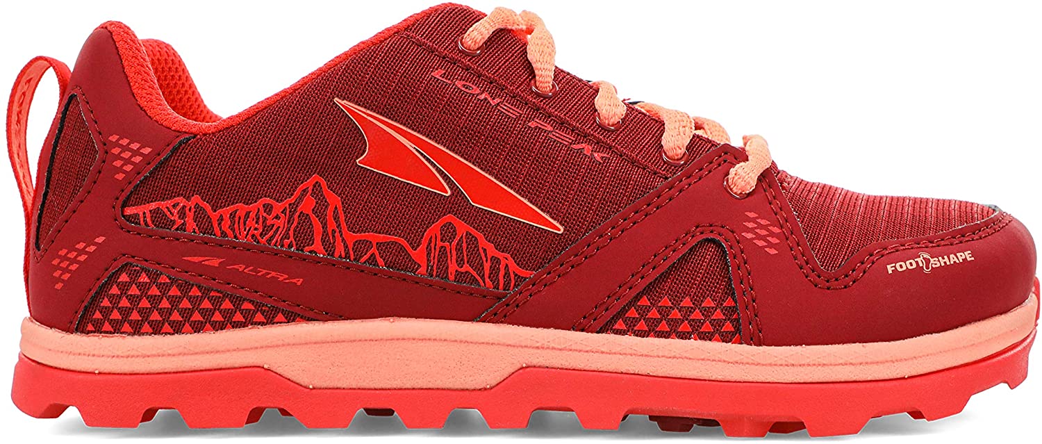 Altra Kid's Youth Lone Peak Trail Running Shoe in Poppy from the side