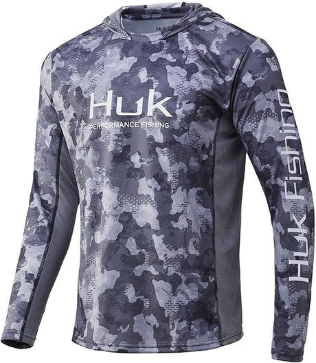 Kids Huk Icon X Refraction Camo Hoodie Long Sleeve Shirt in Storm from the front
