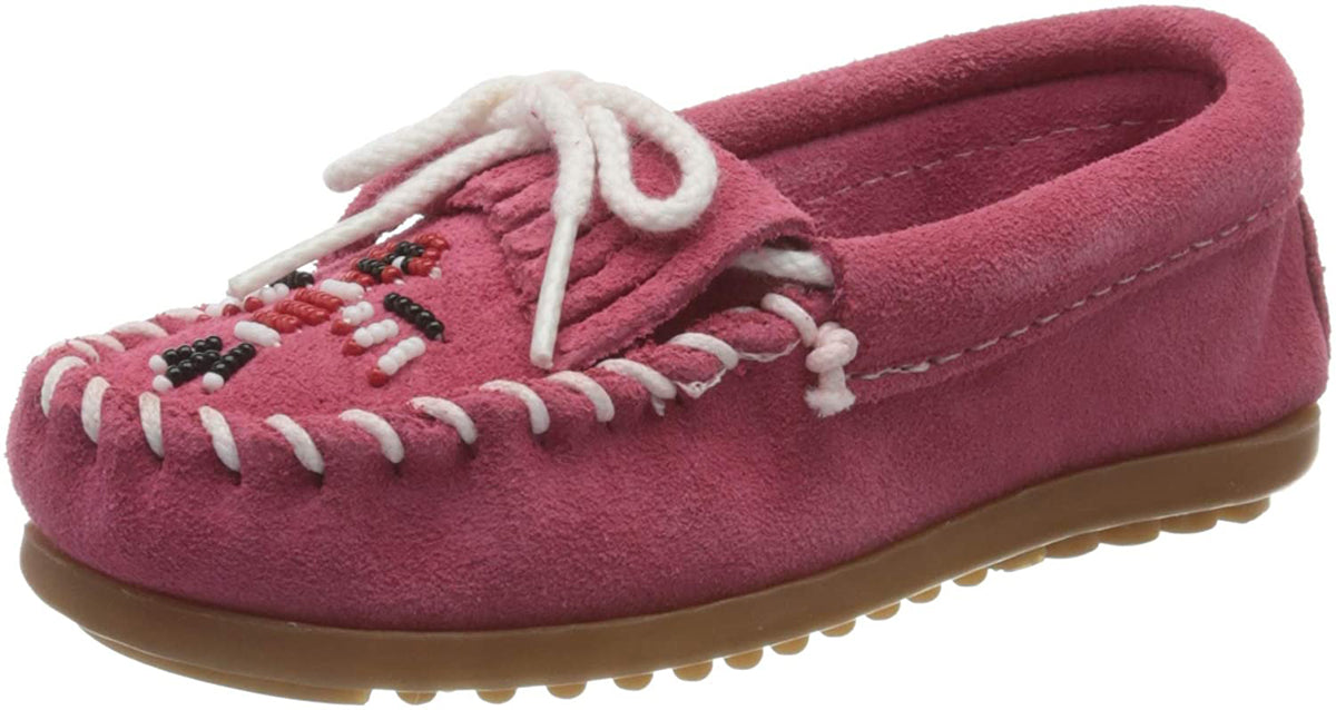 Kids' Minnetonka Thunderbird II Mocassin in Pink from the front view