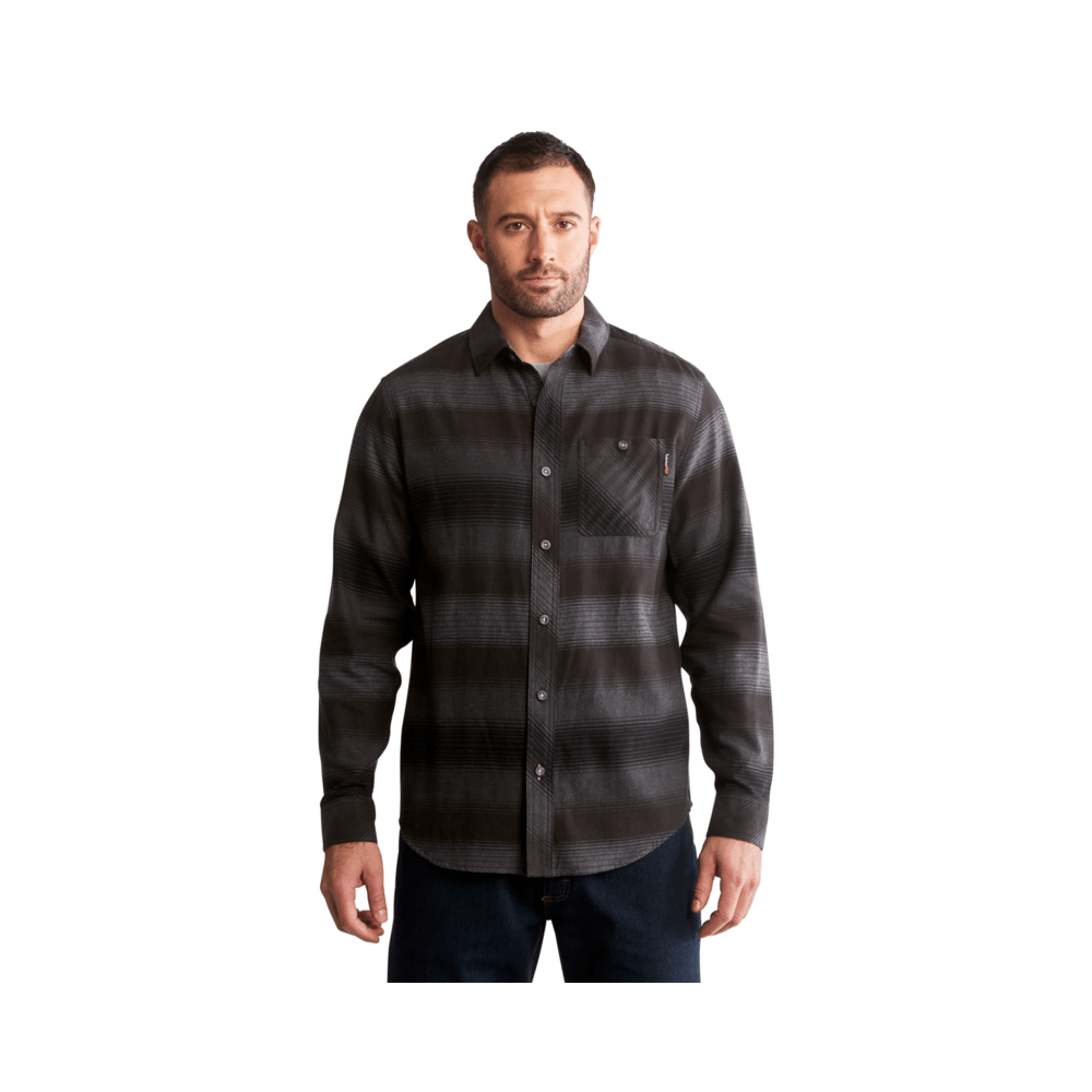 Men's Woodfort Mid-Weight Flannel Work Utility Button Down Shirt in Kittery Stripe Black
