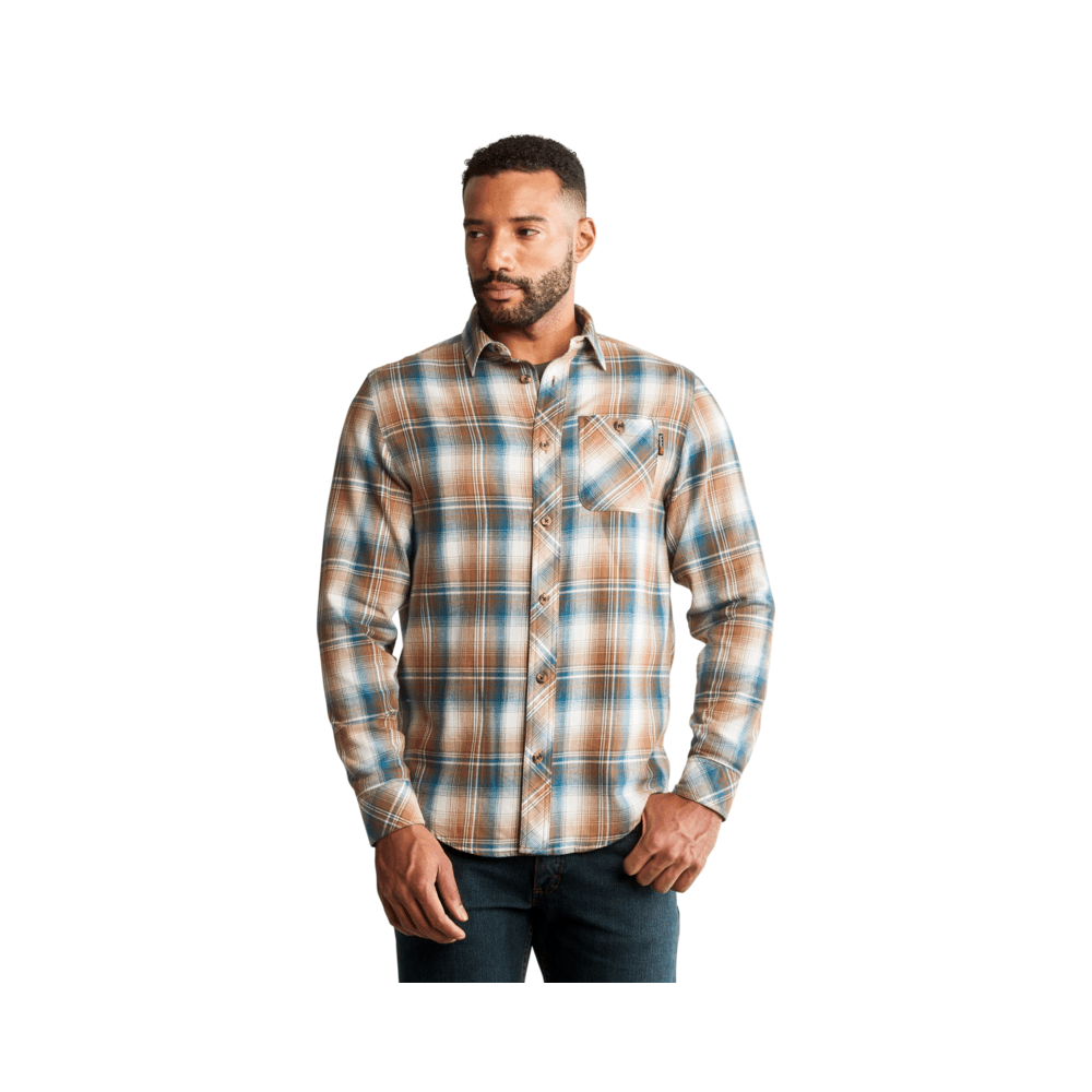 Men's Woodfort Mid-Weight Flannel Work Utility Button Down Shirt in Portland Plaid Brown