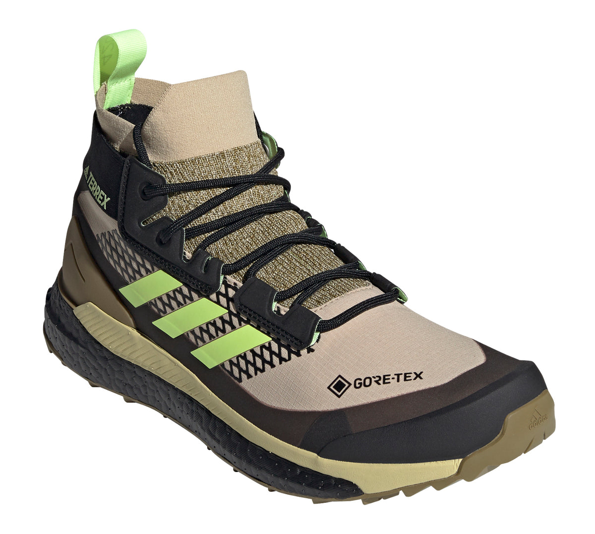Men's adidas Terrex Free Hiker GTX Hiking Shoe in Savanna/Hi-Res Yellow/Core Black from the front