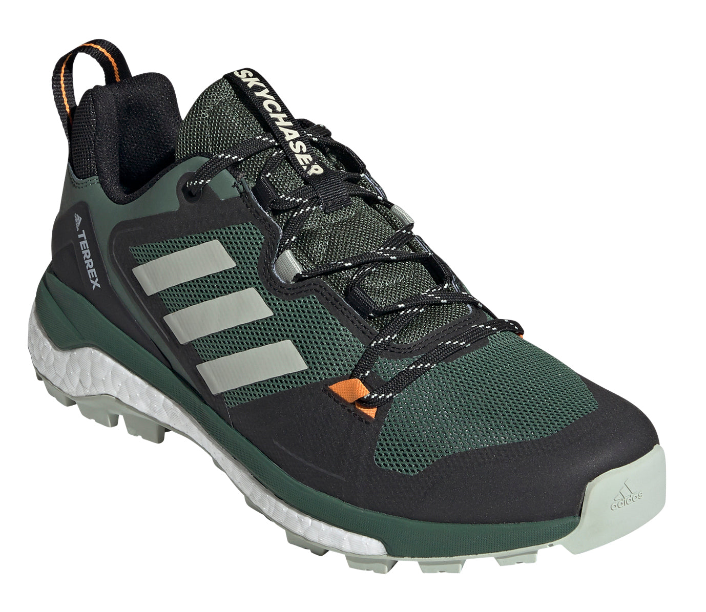 Men's adidas Terrex Skychaser 2.0 Hiking Shoe in Green Oxide/Halo Green/Crew Orange from the front