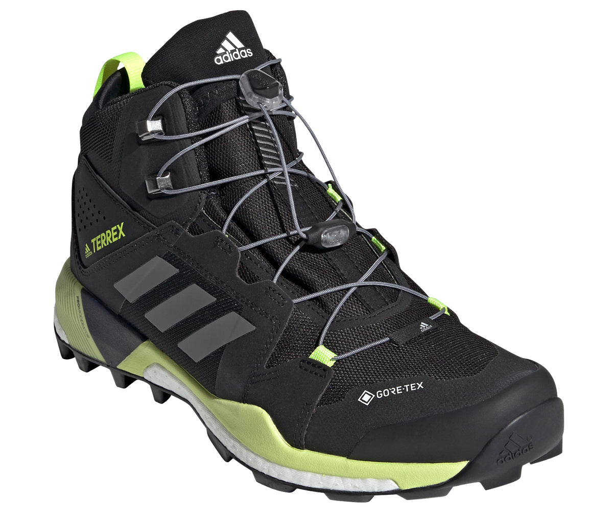 Men's adidas Terrex Skychaser XT Mid GORE-TEX Hiking Shoe in Core Black/Grey Four/Solar Yellow from the front