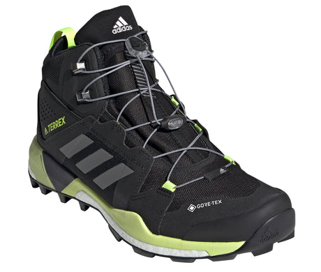 Men's adidas Terrex Skychaser XT Mid GORE-TEX Hiking Shoe in Core Black/Grey Four/Solar Yellow from the front