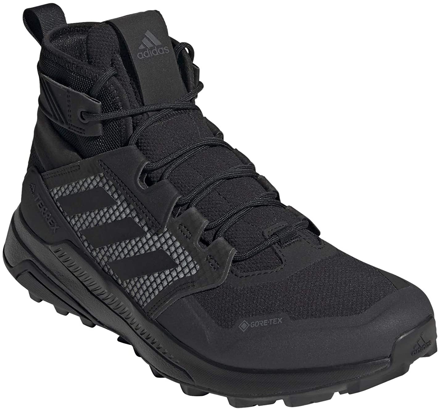 Men's adidas Terrex Trailmaker Mid Gore-TEX Hiking Shoe in Metgry/Cblack/Actgol from the side